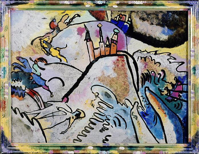 Der Blaue Reiter betört durch seine intensiven Farben und die Reduktion der Formen, hier Wassily Kandinskys Arbeit "Mit Sonne" aus dem Jahr 1911.