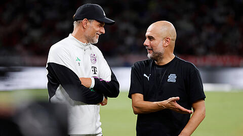 Komm, lass uns gemeinsam ins Halbfinale einziehen: ManCity-Coach Pep Guardiola (r.) mit Bayern-Trainer Thomas Tuchel.