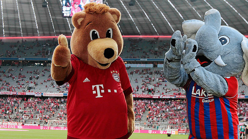 Bayern-Maskottchen Berni (l.) und Uerdigens Grotifant (r.).