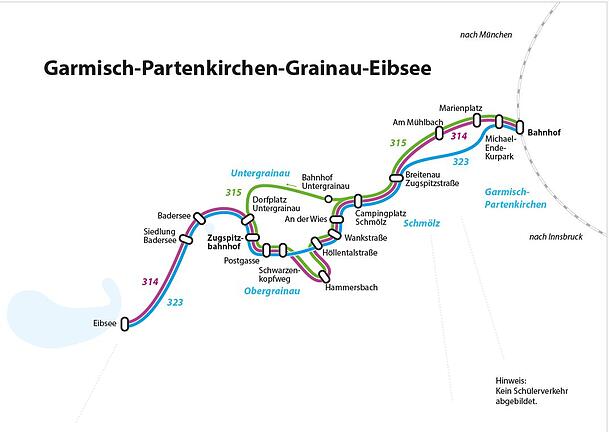 Das Landratsamt hat in dieser Karte die drei Buslinien 315 (Einheimische), 323 (Ausfl&uuml;gler) und 314 (au&szlig;erhalb von Sto&szlig;zeiten) eingezeichnet.