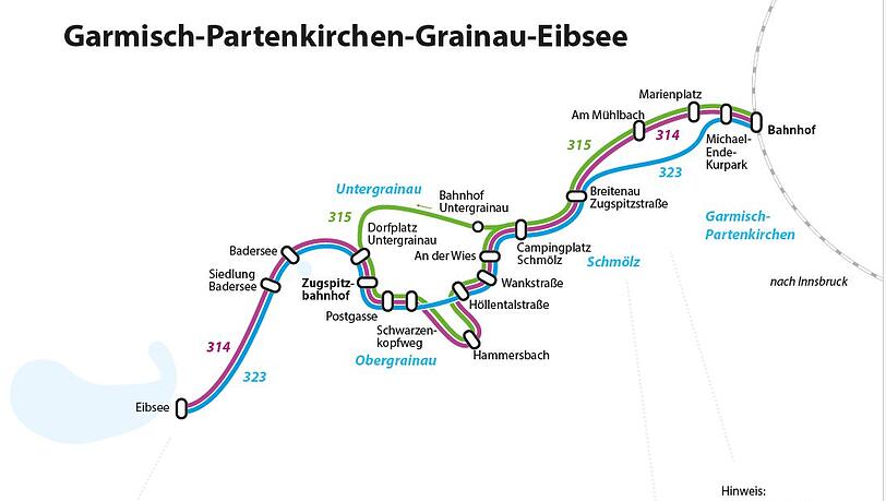 Das Landratsamt hat in dieser Karte die drei Buslinien 315 (Einheimische), 323 (Ausfl&uuml;gler) und 314 (au&szlig;erhalb von Sto&szlig;zeiten) eingezeichnet.