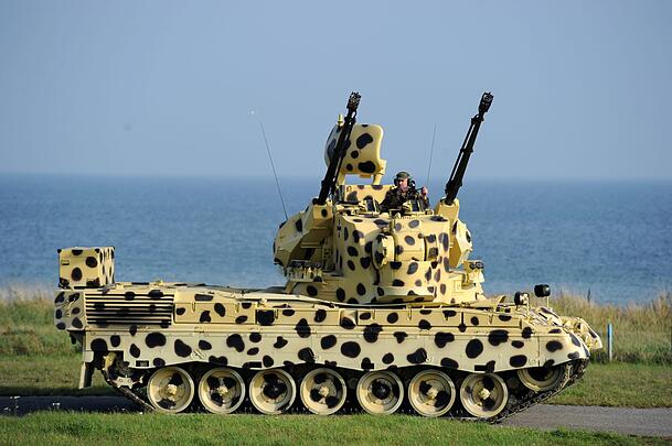 Ein in einer Sonderfarbe lackierter Flugabwehrpanzer vom Typ Gepard auf dem Schießplatz im schleswig-holsteinischen Todendorf (Archivbild). Ein in einer Sonderfarbe lackierter Flugabwehrpanzer vom Typ Gepard auf dem Schießplatz im schleswig-holsteinischen Todendorf (Archivbild).