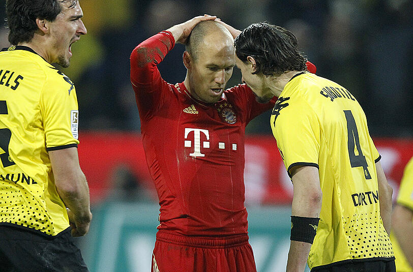 11.4.2012 &ndash; 30. Spieltag, Dortmund-Bayern 1:0: Wieder kommt es zum entscheidenden Spiel um den Bundesliga-Titel. Und der Unglücksrabe der Partie heißt Arjen Robben. Erst vergibt er eine riesige Chance zur Führung, dann verschießt er beim Stand von 0:1 einen Elfer. Bayern verliert die Partie und den Titel.