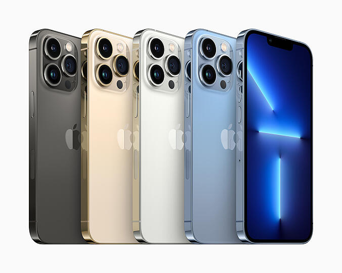 iPhone 13 Pro und iPhone 13 Pro Max kommen in vier Farben: Graphit, Gold, Silber und Sierrablau.