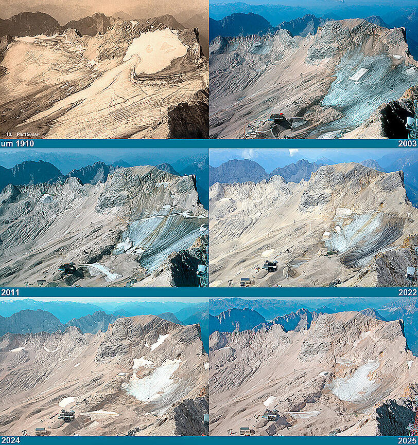 Die Entwicklung des Nördlichen Schneeferners auf der Zugspitze um 1910, 2003, 2011, 2022, 2024 und 2025.
