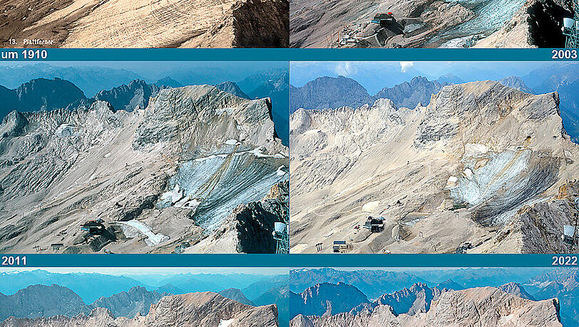 Die Entwicklung des Nördlichen Schneeferners auf der Zugspitze um 1910, 2003, 2011, 2022, 2024 und 2025. Die Entwicklung des Nördlichen Schneeferners auf der Zugspitze um 1910, 2003, 2011, 2022, 2024 und 2025.