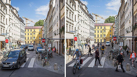 Die Brunnstraße in der Altstadt mit und ohne Autos. Klicken Sie sich durch die Bildergalerie um noch mehr Vorher-Nachher Beispiele zu sehen.