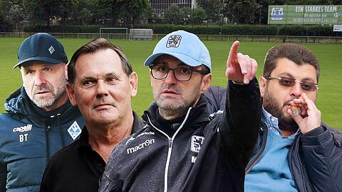Trainer und Investoren: Waldhofs Coach Bernhard Trares und Mäzen Bernd Beetz (links) vs. Michael Köllner und Hassan Ismaik.