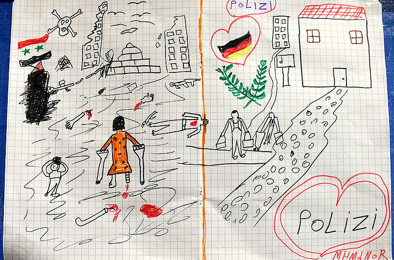 Das Foto, das die Bundespolizei zur Verfügung stellt, zeigt ein Bild, das ein syrisches Flüchtlingskind gemalt hat.