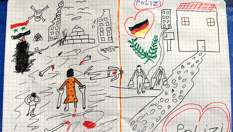 Das Foto, das die Bundespolizei zur Verfügung stellt, zeigt ein Bild, das ein syrisches Flüchtlingskind gemalt hat. Das Foto, das die Bundespolizei zur Verfügung stellt, zeigt ein Bild, das ein syrisches Flüchtlingskind gemalt hat.