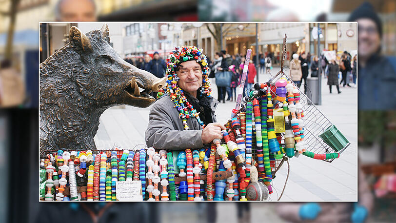 Künstler  
Iwan  Seiko (67): 
"Im Moment bin ich unterwegs mit meinem selbst geschaffenen Kunstwerk. Ich nenne es 
Kannibal ante portas. Ich wollte dabei Müll in Beziehung setzen mit Schulden. Ich habe einen zusammengesägten Einkaufswagen von
einem Supermarkt hergenommen - und daran lauter Getränkeverschlüsse von vorwiegend Süßwassergetränken verknüpft. 
Einen Kaffee genieße ich gerne im Backwerk in der Zweibrückenstraße.
Da ist sogar der Cappuccino sehr preiswert und schmeckt sehr gut."