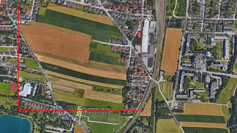 Bisher ist das Gelände (roter Kasten) unbebaut. Hier soll in den nächsten Jahren ein neues Wohnquartier entstehen.