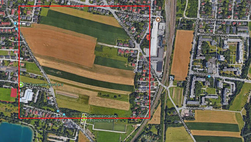 Bisher ist das Gelände (roter Kasten) unbebaut. Hier soll in den nächsten Jahren ein neues Wohnquartier entstehen. Bisher ist das Gelände (roter Kasten) unbebaut. Hier soll in den nächsten Jahren ein neues Wohnquartier entstehen.