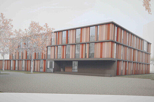 Modern, durch die Farben warm und die hohen Fenster luftig wirkt der Neubau im Modell.