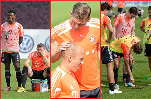 Das gibt's am Montag zu sehen: Metallstangen im Rasen, Späße und harte Zweikämpfe im Training und das unschlagbare Team Robben. Hier die Bilder von Tag 6!