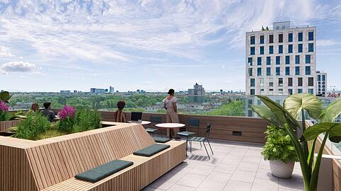 So stellt sich der Illustrator die neue Gemeinschaftsdachterrasse auf dem "Leo 202" vor, die diesen Sommer fertig werden soll. Bisher ist die Dachfläche auf dem 70er-Jahre-Bau nicht genutzt worden.