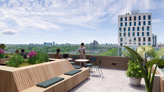 So stellt sich der Illustrator die neue Gemeinschaftsdachterrasse auf dem "Leo 202" vor, die diesen Sommer fertig werden soll. Bisher ist die Dachfläche auf dem 70er-Jahre-Bau nicht genutzt worden.