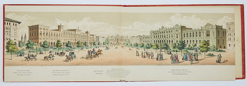 "Illustrierter Spaziergang durch München" mit mehr als 80 kolorierten Ansichten der Stadt und ihrer Bewohner aus dem Jahr 1864.