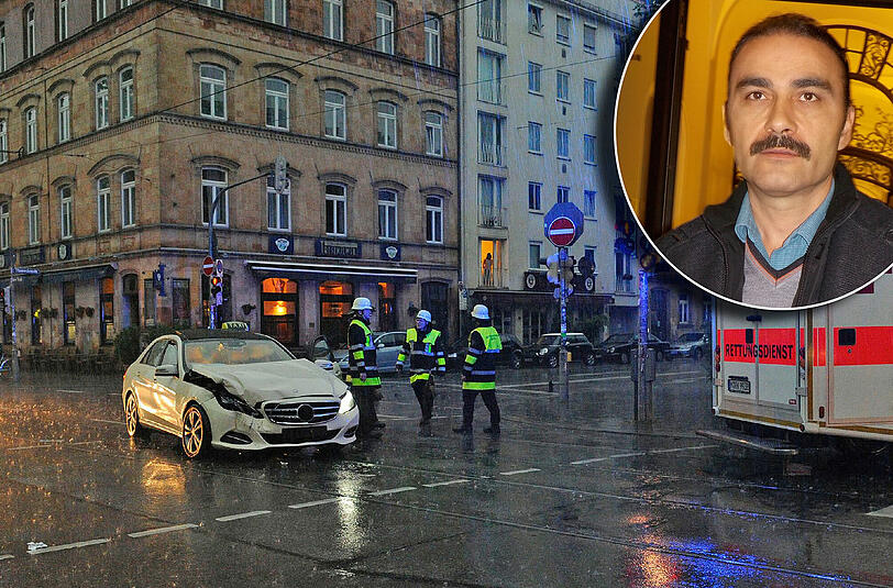 Ein Bild vom Unfall am 8. Juni 2015 an der Barer Straße. Das Taxi ist schwer beschädigt. Familienvater Erdal Yilmaz (49) fährt sein eigenes Taxi.