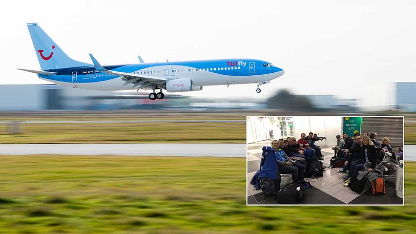Eine Boing diesen Typs von Tui muss am Samstag wieder landen &ndash; weil die Tür defekt ist. Schlechte Stimmung bei der Reisegruppe (kleines Bild).
