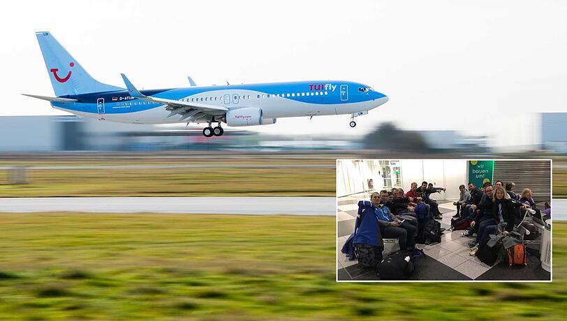 Eine Boing diesen Typs von Tui muss am Samstag wieder landen – weil die Tür defekt ist. Schlechte Stimmung bei der Reisegruppe (kleines Bild). Eine Boing diesen Typs von Tui muss am Samstag wieder landen – weil die Tür defekt ist. Schlechte Stimmung bei der Reisegruppe (kleines Bild).