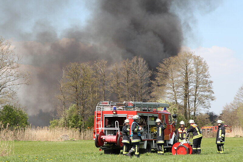 Mit einer Löschkette kämpften ein Feuerwehrmänner gegen die Feuerwalze, die sich durch das Schilf fraß.