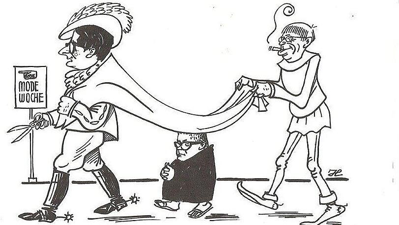 1961: Eröffnung der ersten Modewoche in München. Hinter OB Hans-Jochen Vogel als tapferes Schneiderlein stolzieren der Zweite Bürgermeister Georg Brauchle und der Dritte Bürgermeister Albert Bayerle, der Vogel die Schleppe hält &ndash; mit Kippe im Mundwinkel.