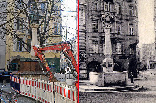 Das Kosttor hinterm Hofbräuhaus: Die Häuser sind fast gleich geblieben &ndash; der Brunnen auch. Nur die aktuelle Baustelle muss man sich hier natürlich wegdenken.