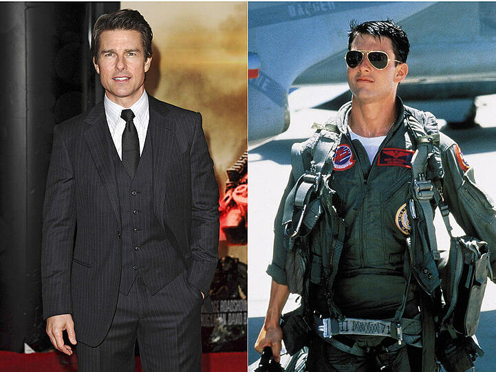 Tom Cruise auf der Filmpremiere von "Edge of Tomorrow" (l.) und als Lieutenant Pete "Maverick" Mitchell in "Top Gun" 1986