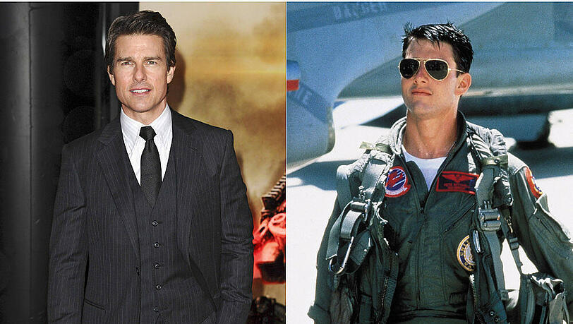 Tom Cruise auf der Filmpremiere von "Edge of Tomorrow" (l.) und als Lieutenant Pete "Maverick" Mitchell in "Top Gun" 1986 Tom Cruise auf der Filmpremiere von "Edge of Tomorrow" (l.) und als Lieutenant Pete "Maverick" Mitchell in "Top Gun" 1986