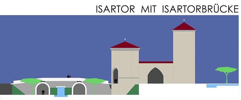 Querschnitt des Projekts mit Brücke und Stadtgrabenbach mit Wasserfall. Um vier Meter könnte das Niveau vor dem Isartor abgesenkt werden.