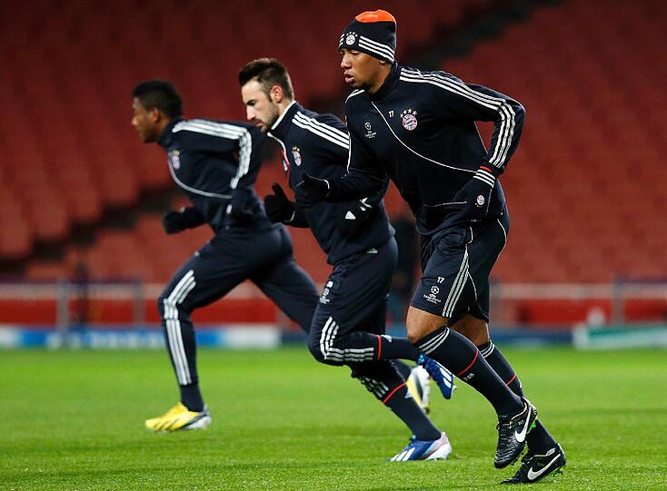 David Alaba (l), Diego Contento und Jerome Boateng beim Sprinttraining im Emirates Stadium.