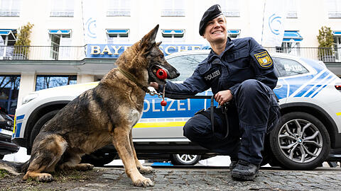 Eine Polizistin steht mit einem Sprengstoffspürhund vor dem "Bayerischen Hof".