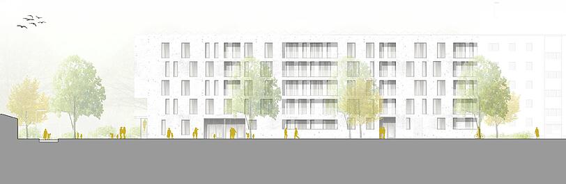Visualisierung des Wettbewerbssiegers: Die Ansicht des Bauprojekts von Westen an der Siglstraße.