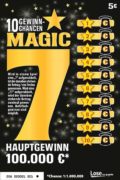 Mit dem MAGIC 7-Los von LOTTO Bayern können Sie mit etwas Glück ganz zauberhafte Gewinne einfahren. Mit dem MAGIC 7-Los von LOTTO Bayern können Sie mit etwas Glück ganz zauberhafte Gewinne einfahren.