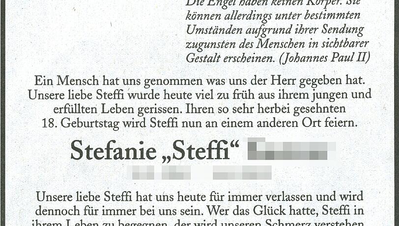 Der Gipfel im Stalking-Fall um die 17-jährige "Steffi": Der Täter schaltet eine falsche Todesanzeige in der SZ Der Gipfel im Stalking-Fall um die 17-jährige "Steffi": Der Täter schaltet eine falsche Todesanzeige in der SZ