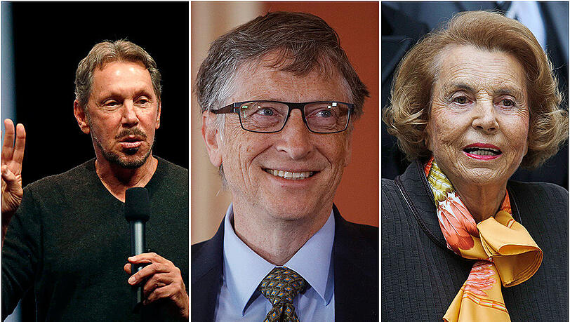 Larry Ellison (l.), Bill Gates und Liliane Bettencourt dürfen sich zu den zehn reichsten Menschen der Welt zählen.