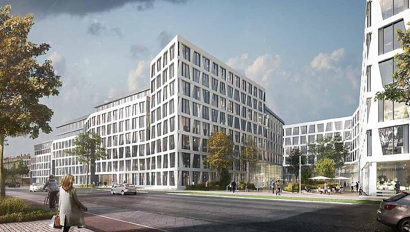 Das Gegenteil von abweisend: Das neue Bürohaus in der Landsberger Straße 350 will mit einem belebten Platz punkten.