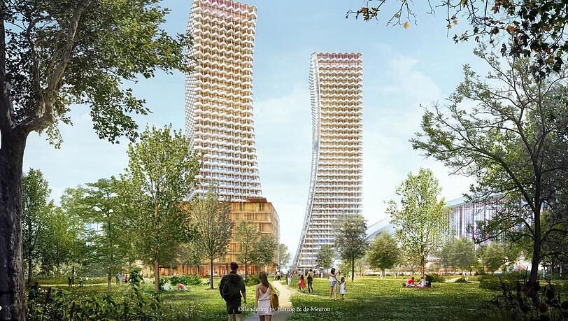 Die beiden Türme sind 155 Meter hoch. Kein Zufall: Denn die Paketposthalle ist genauso lang. Die beiden Türme sind 155 Meter hoch. Kein Zufall: Denn die Paketposthalle ist genauso lang.