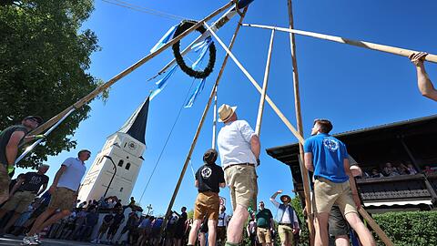 Um einen neuen Maibaum aufzustellen, nutzen die M&auml;nner gekreuzte Stangen. (Archivbild)