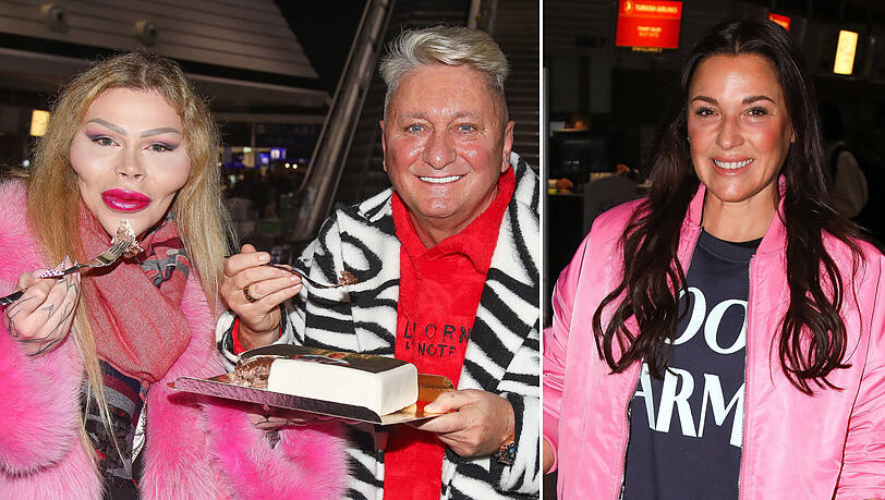 Dschungelkandidat Hubert Fella mit Begleitperson Patrick Mast (li.) sowie Simone Ballack (re.) am Frankfurter Flughafen