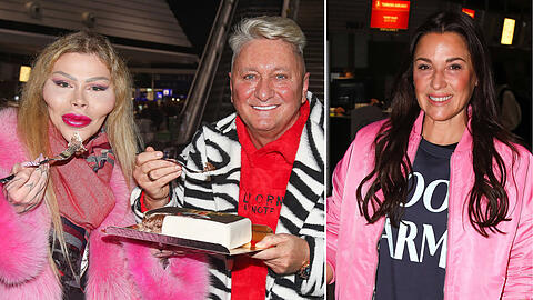 Dschungelkandidat Hubert Fella mit Begleitperson Patrick Mast (li.) sowie Simone Ballack (re.) am Frankfurter Flughafen