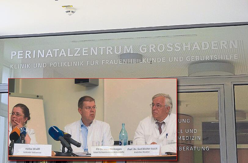 Das Perinatalzentrum im Klinikum Großhadern: Hier geschahen die unfassbaren Mordversuche auf die werdenden Mütter. Kleines Bild: Betretene Gesichter: Hebamme Heike Wolff, Dr. Uwe Hasbargen und Prof. Karl-Walter Jauch.