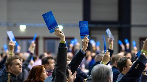 Delegierte halten bei der Europawahlversammlung der AfD in Riesa Stimmzettel hoch.