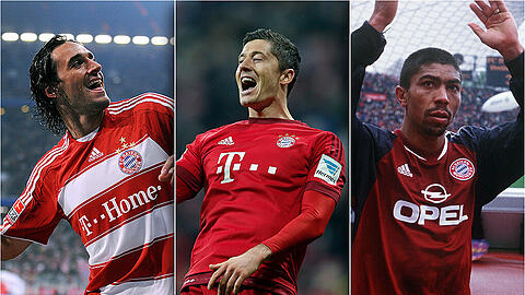 Bleibt Robert Lewandowski (m.) beim FC Bayern oder wird er doch noch wechseln? Giovane Elber (r.) blieb insgesamt für sechs Jahre in München, Luca Toni spielte von 2007 bis 2010 beim FCB.