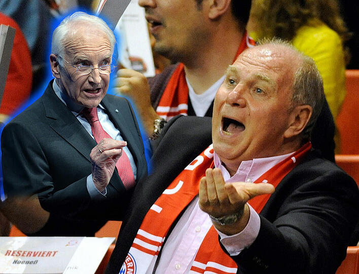 Sichtlich gut gelaunt: Hoeneß freut sich am Samstag über den Sieg der Bayern-Basketballer. Montagabend tagt der Aufsichtsrat und könnte Hoeneß zum Rücktritt bewegen, der CSU-Ehrenvorsitzende Edmund Stoiber steht schon als neuer Bayern-Boss bereit.