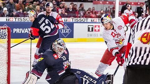 Salzburgs Peter Hochkofler (r) versucht München-Goalie Danny aus den Birken zu überwinden.