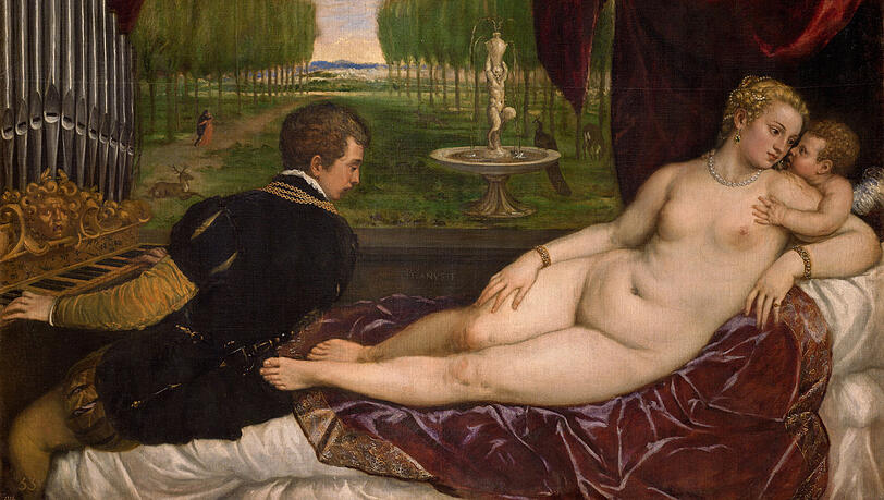 Tizians "Venus mit Orgelspieler und Cupido", um 1555. Tizians "Venus mit Orgelspieler und Cupido", um 1555.