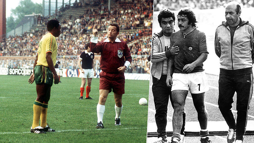 Links: Zaires Nationalmannschaft um Mulamba Ndaie (l.), hier im WM-Spiel gegen Schottland, fürchtete während des Turnier um ihr Leben. Rechts: Chiles Carlos Caszely (m.) fliegt als erster Spieler bei einer WM vom Platz.