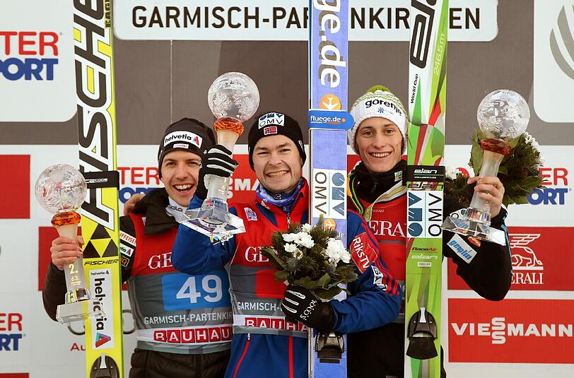 Die besten drei beim Neujahrsspringen in Garmisch-Partenkirchen: Simon Ammann, Anders Jacobsen und Peter Prevc (l-r)